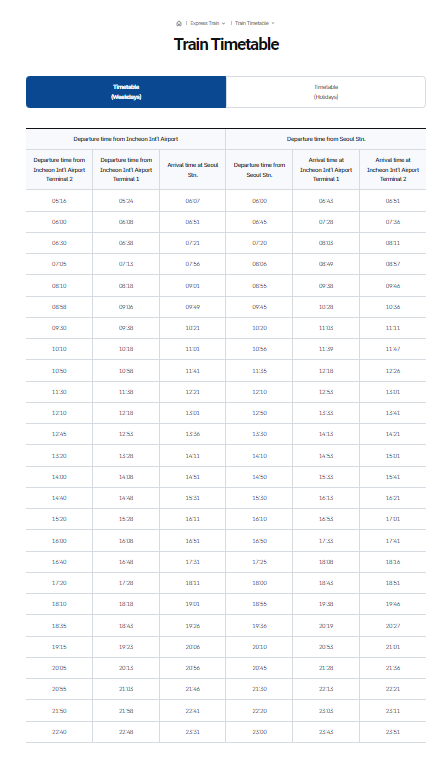 Incheon aiport to Seoul Station timetable