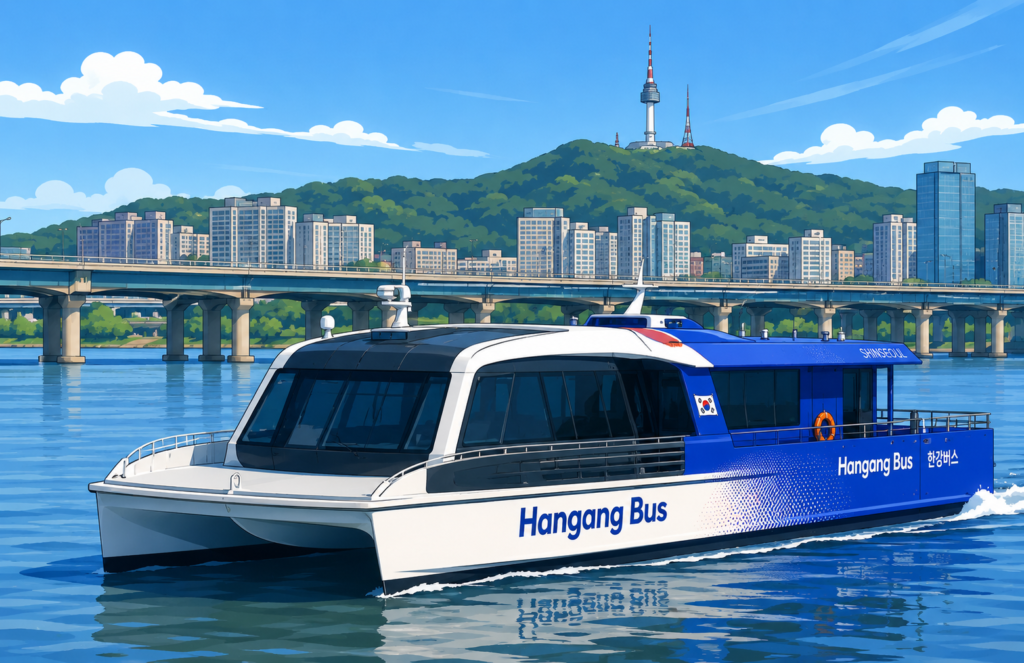 A sleek, eco-friendly Hangang River Bus catamaran ferry cruising smoothly on the Han River in Seoul with N Seoul Tower in the background.